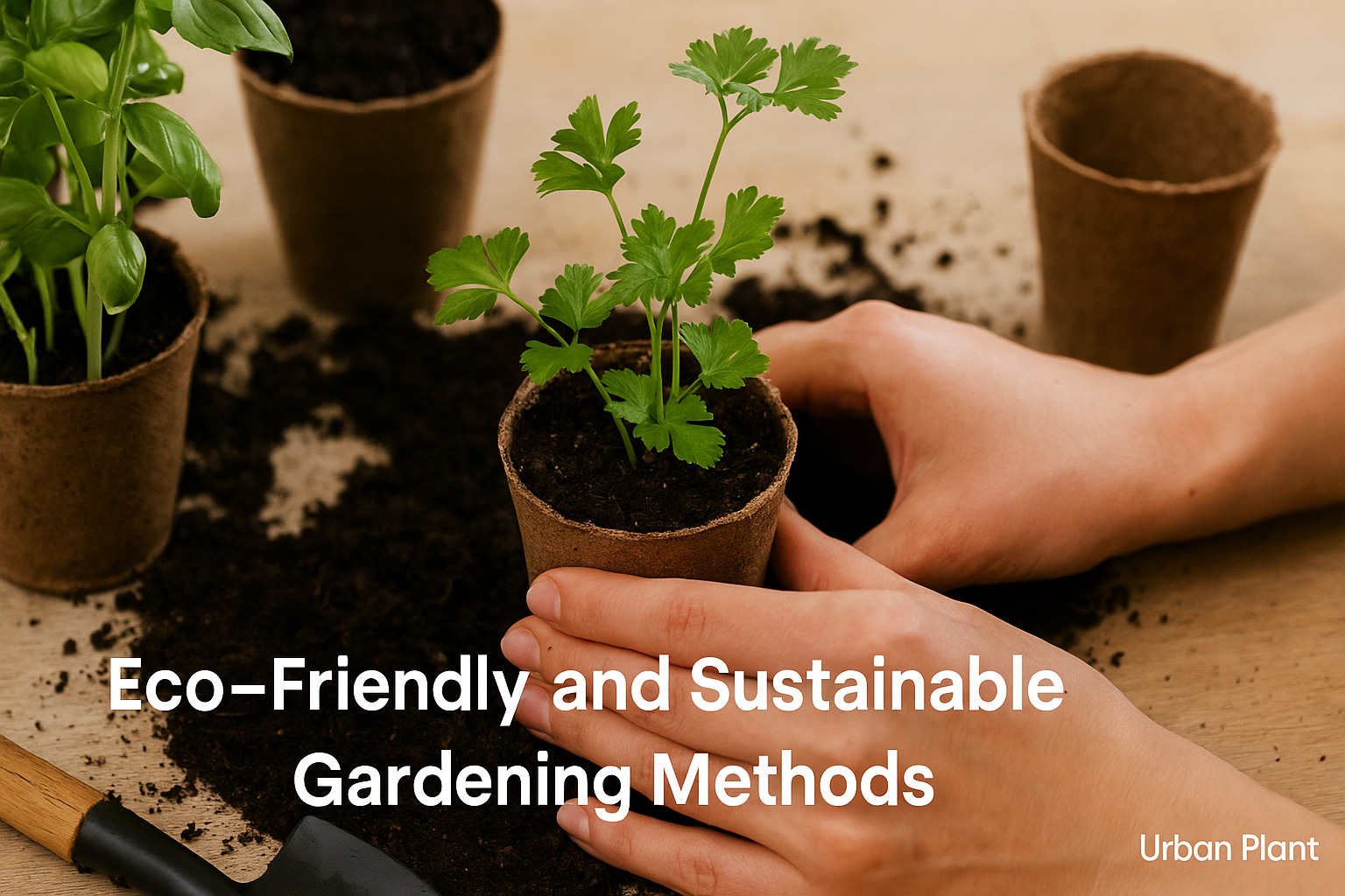 Eco-friendly and sustainable gardening trends methods by Urban Plant showing biodegradable pots, soil, and herbs being planted on a wooden surface